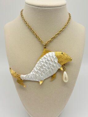 Huge vintage MCM Gold & Pearl White Fish Pendant Necklace with Rhinestone Eye